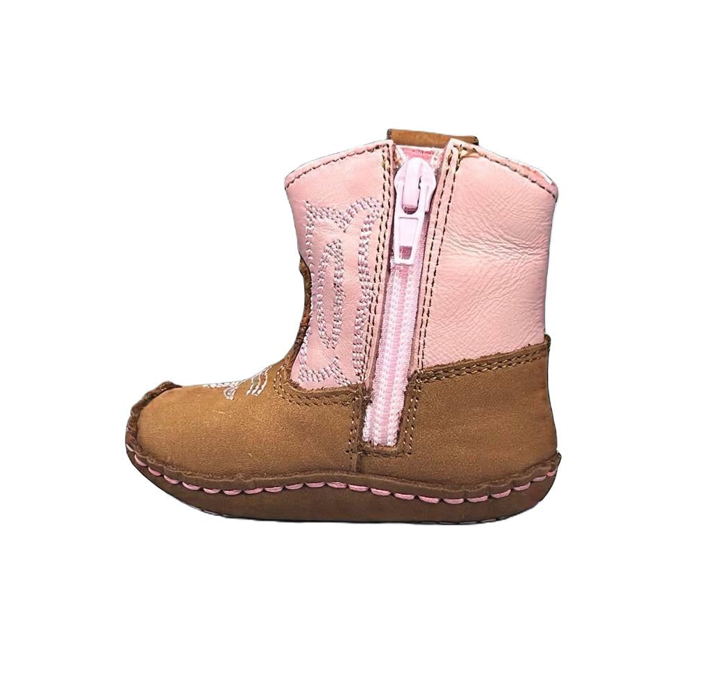 Cielére Baby Western Boot – Pink & Tan (Zipper Closure)